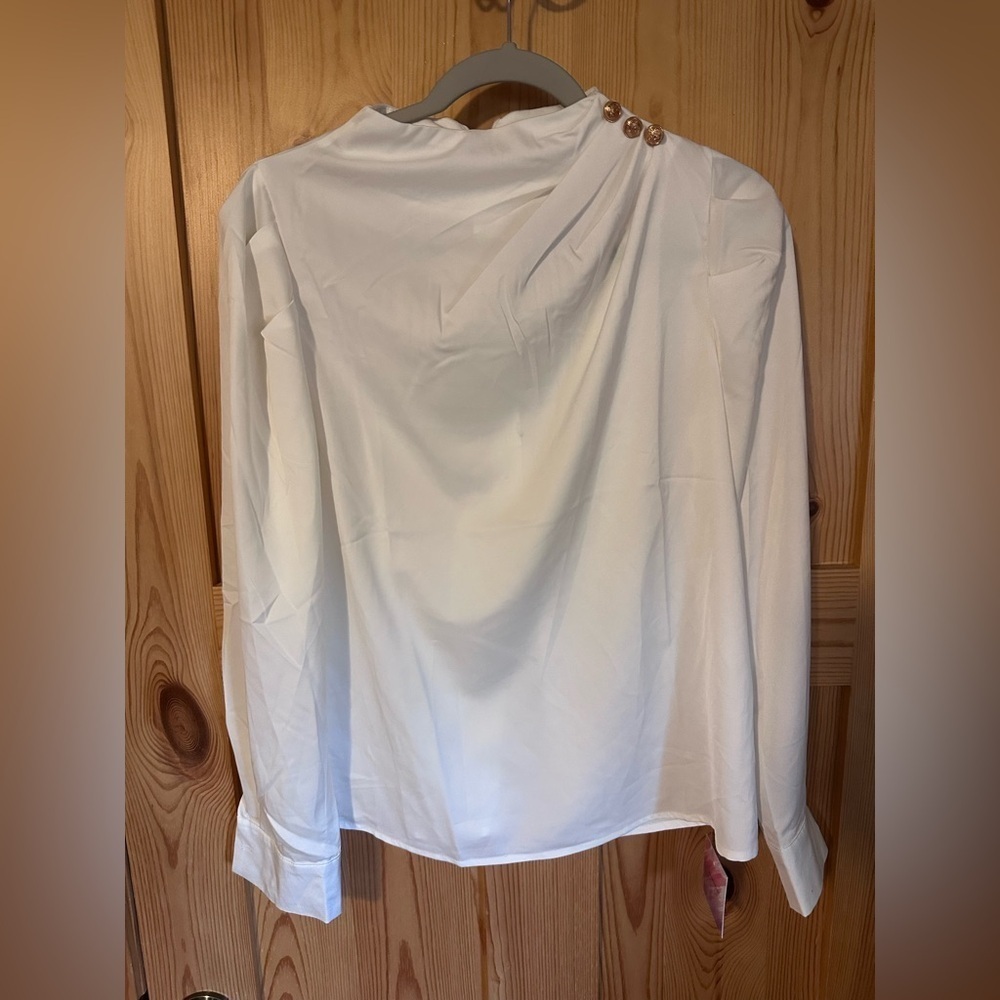 Elegant White Blouse with Gold Button Accents Rouched Chicwish NWT Size Medium